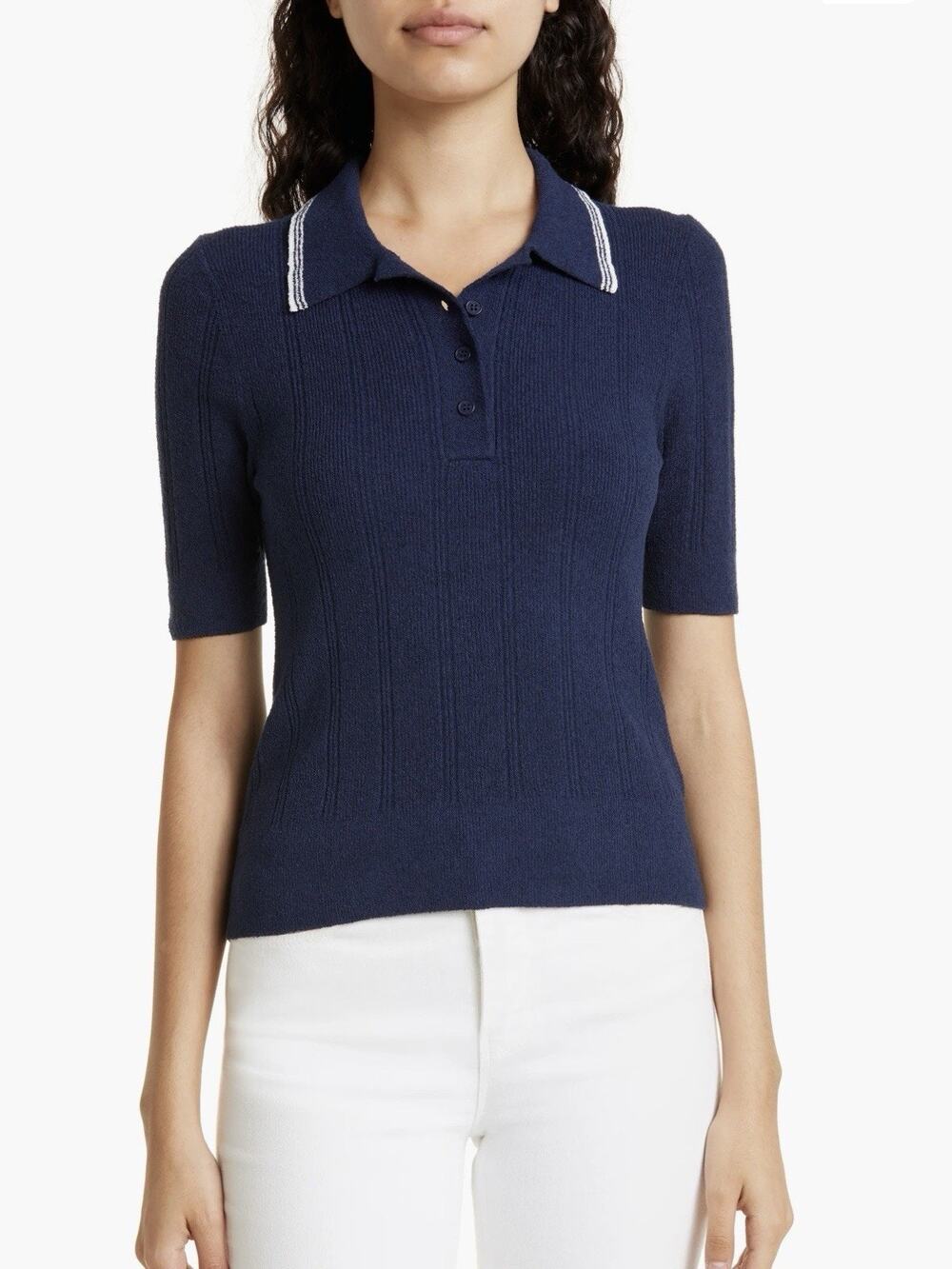 Nili Lotan Women's Peyton Rib Short Sleeve Polo Sweater In Navy Size S